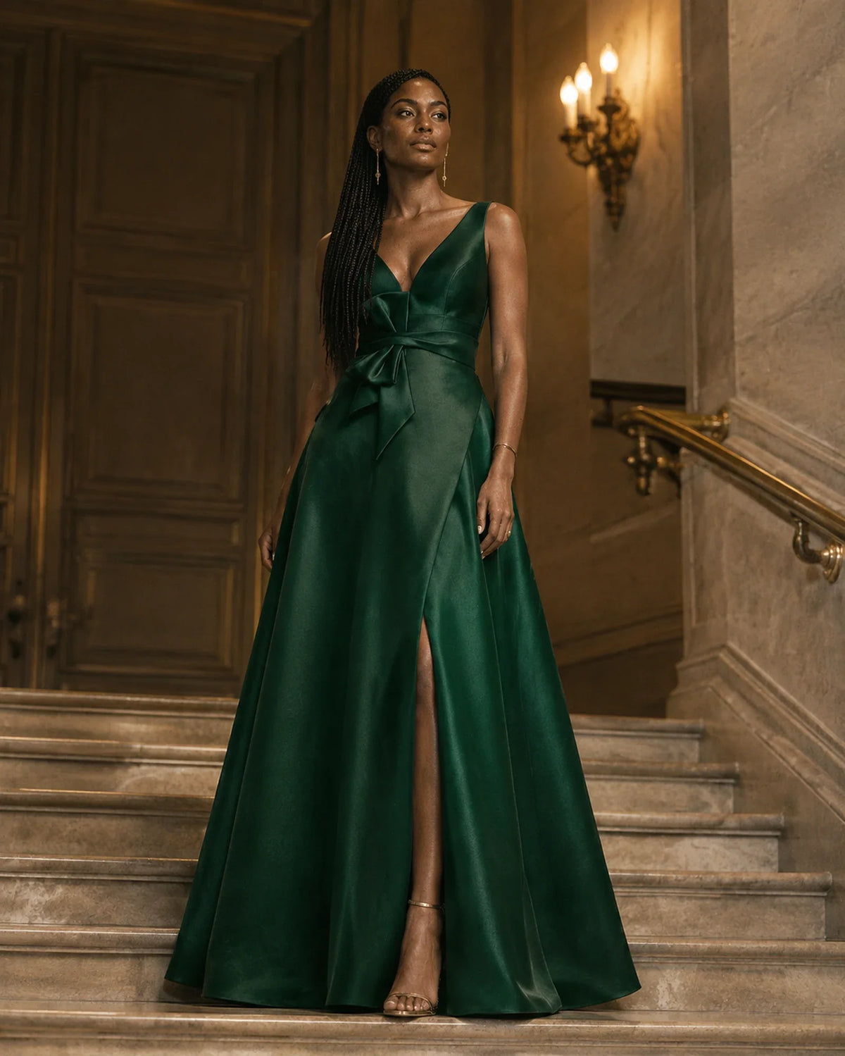 Woman in an emerald green satin floor-length gown on a stone staircase at a black tie evening event