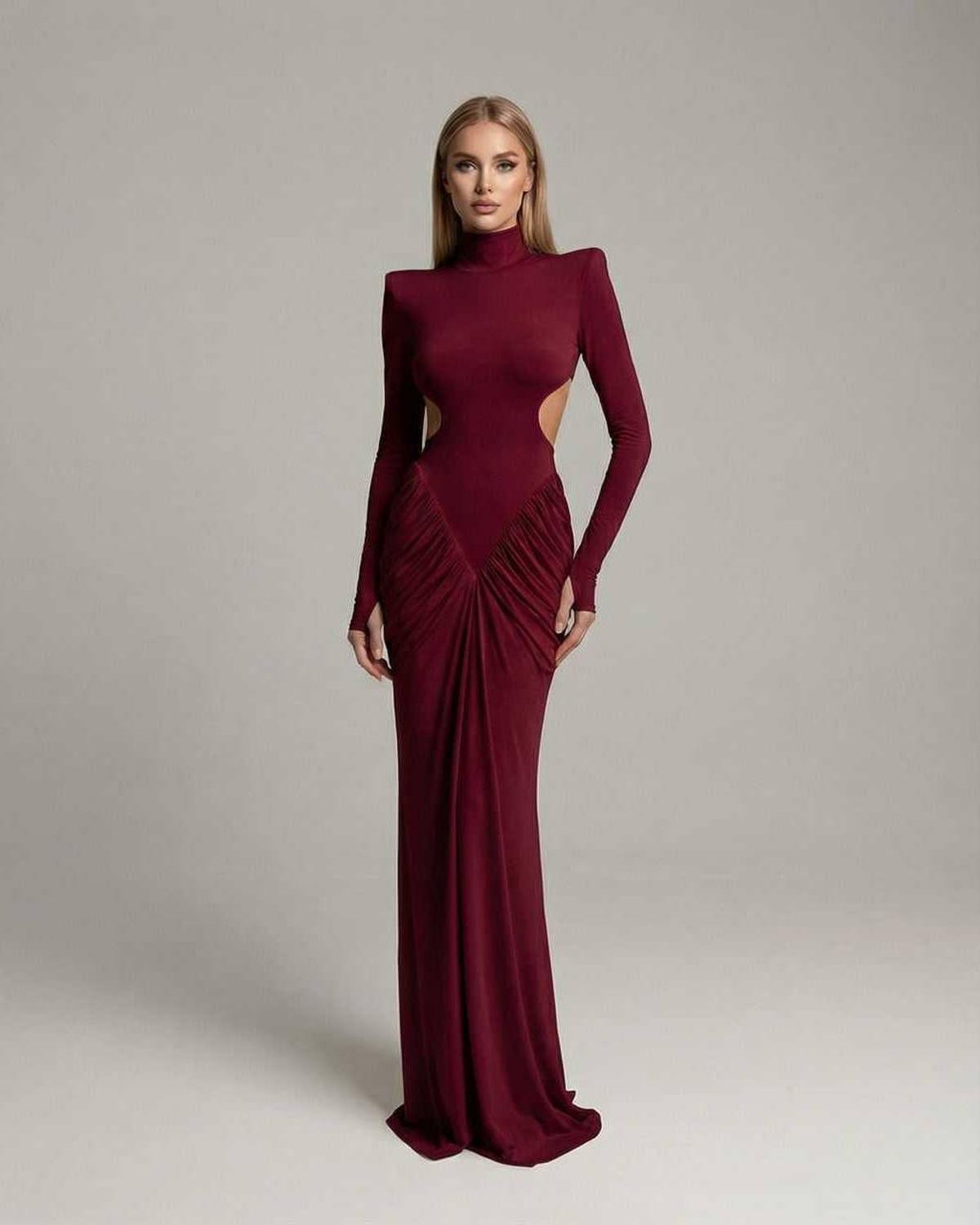 Red Verona maxi dress with high neck and long sleeves