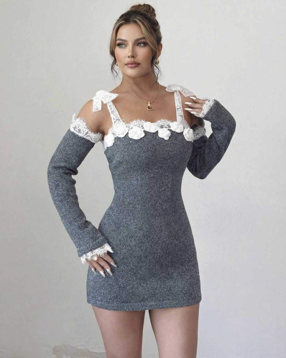 Celestine Mini Dress by Lauven, women’s bodycon mini dress featuring long sleeve lace trim in heather grey.