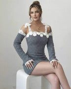 Celestine Mini Dress by Lauven, women’s bodycon dress with lace trim and long sleeves in heather grey.