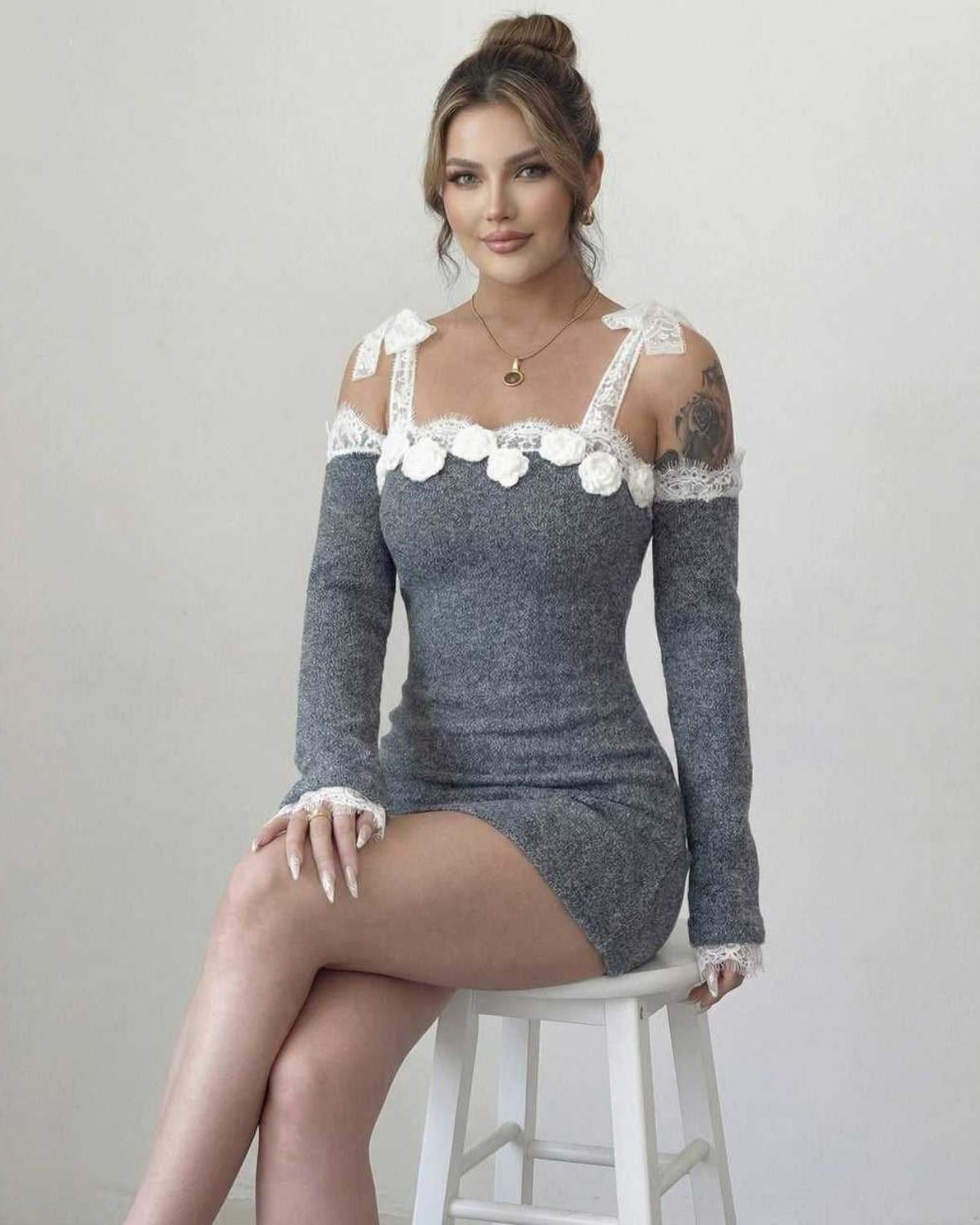 Celestine Mini Dress by Lauven, women's bodycon mini dress with long sleeve lace trim in heather grey.