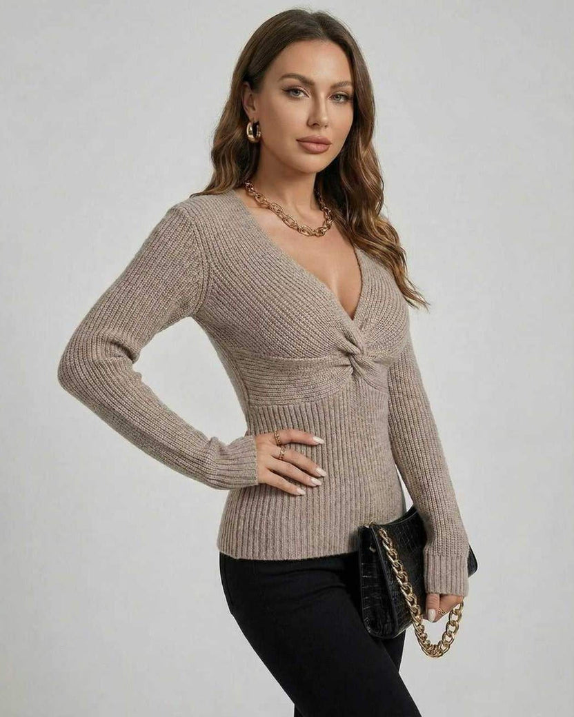 Sienna Sweater by Lauven, women's V Neck sweater with twisted front detail and long sleeves in soft ribbed knit.