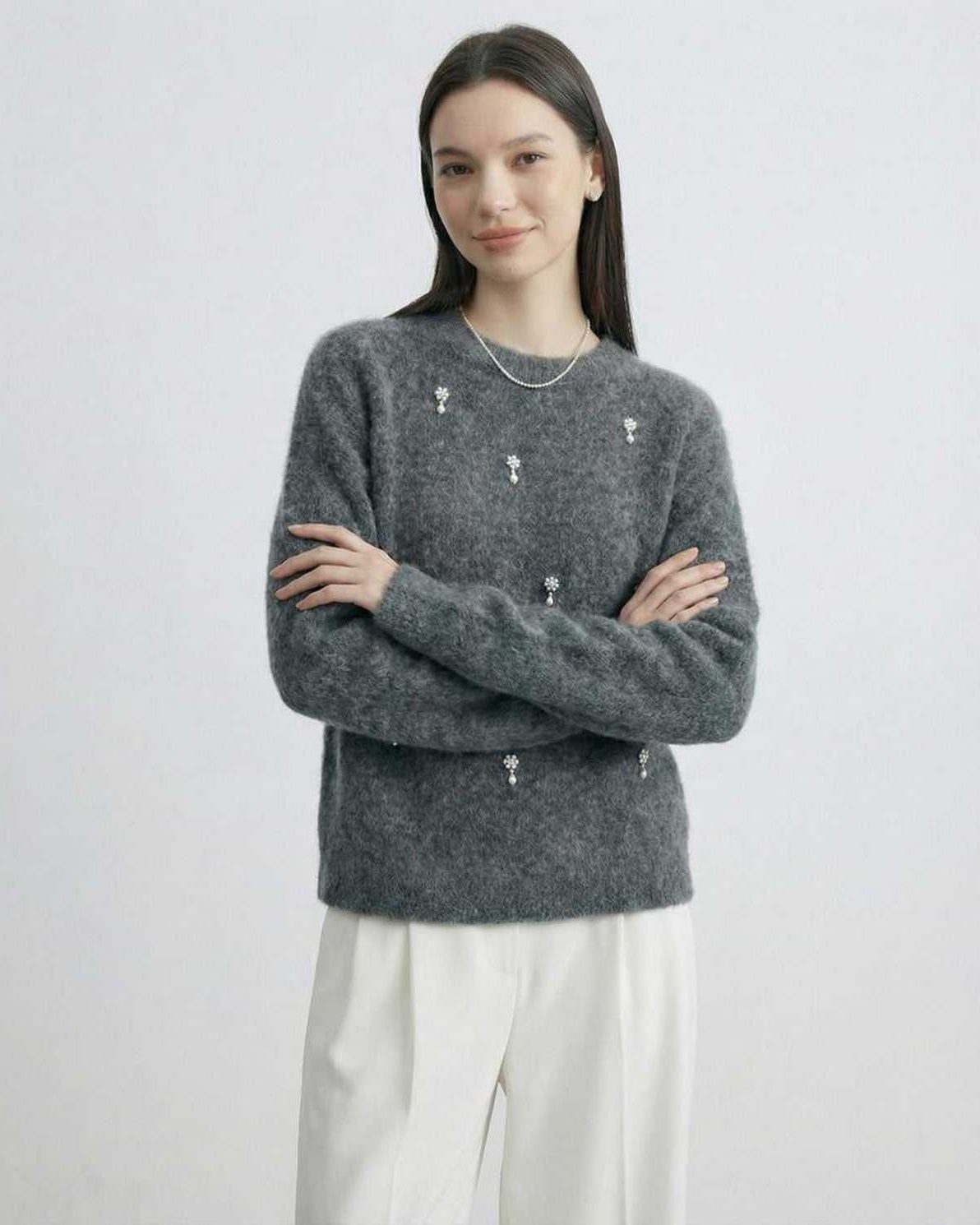 Aspen Sweater by Lauven – Women’s Grey O Neck Long Sleeve Knit for Fall Winter with subtle embellishments