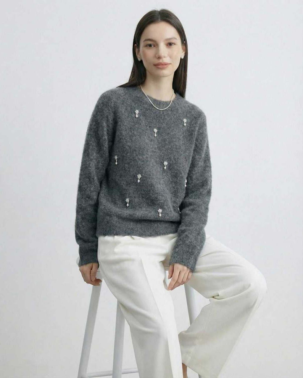 Aspen Sweater by Lauven – Women’s Grey O Neck Long Sleeve Knit Sweater with Subtle Embellishment for Autumn