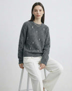 Aspen Sweater by Lauven – Women’s Grey O Neck Long Sleeve Knit Sweater with Subtle Embellishment for Autumn