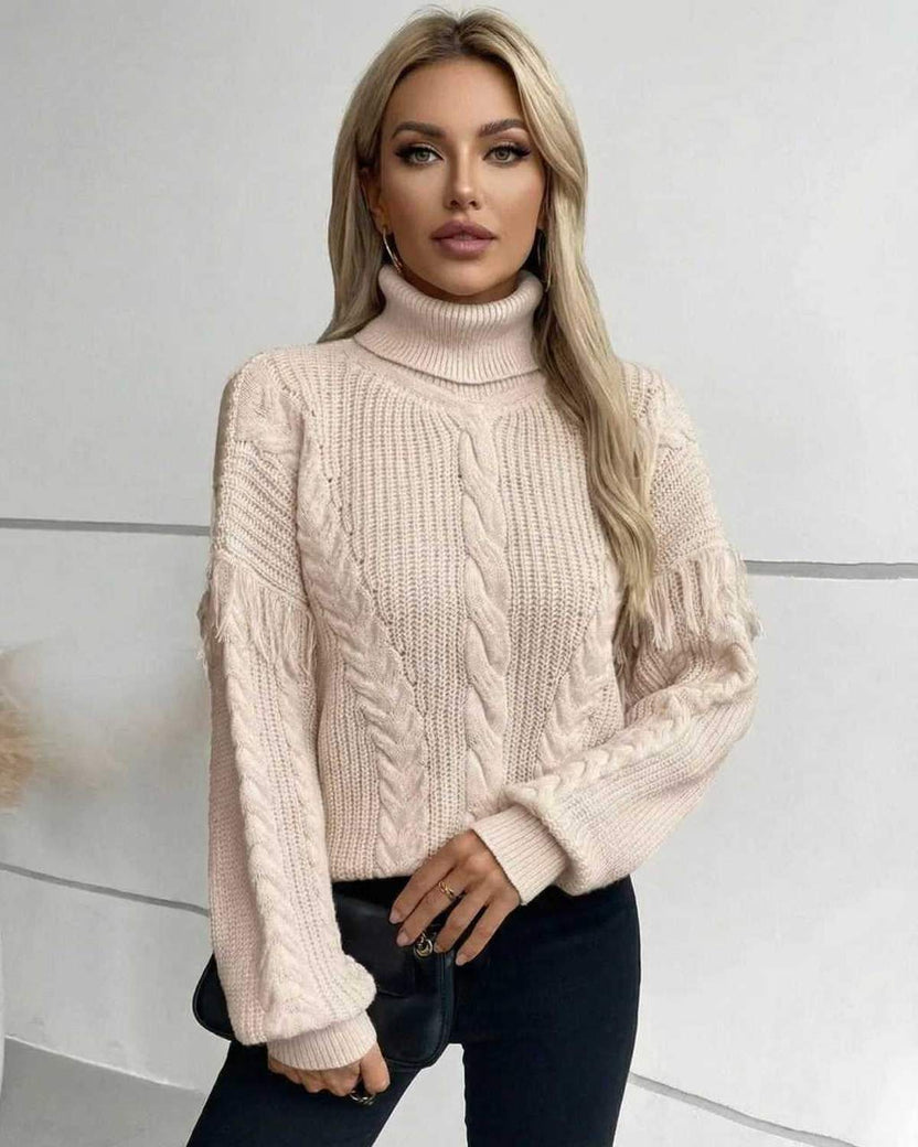 Women’s Beige Turtleneck Vienna Sweater by Lauven, Cable Knit Long Sleeve for Fall Winter Fashion.