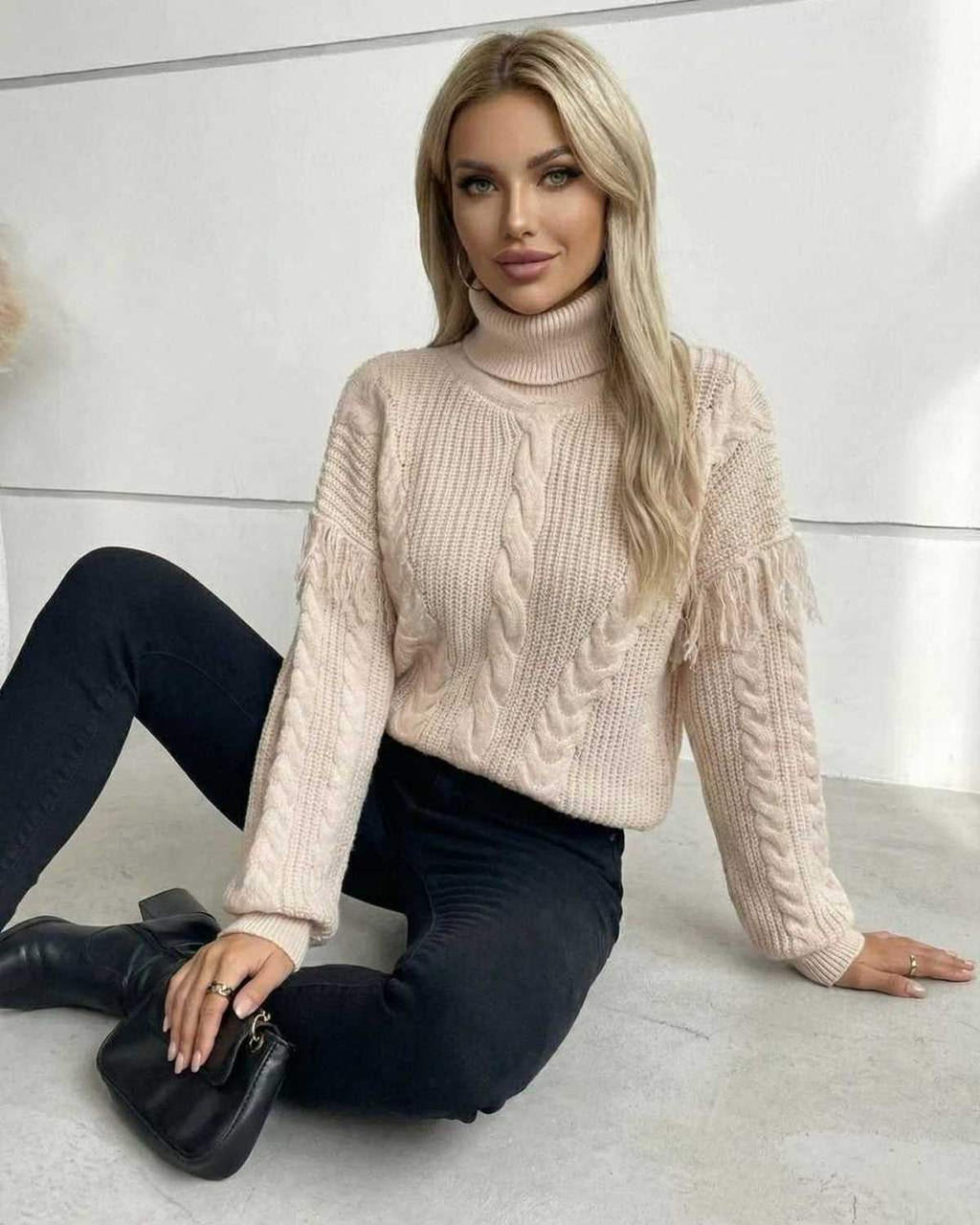 Vienna Sweater by Lauven – Women’s Beige Turtleneck Sweater with Cable Knit and Fringe Details
