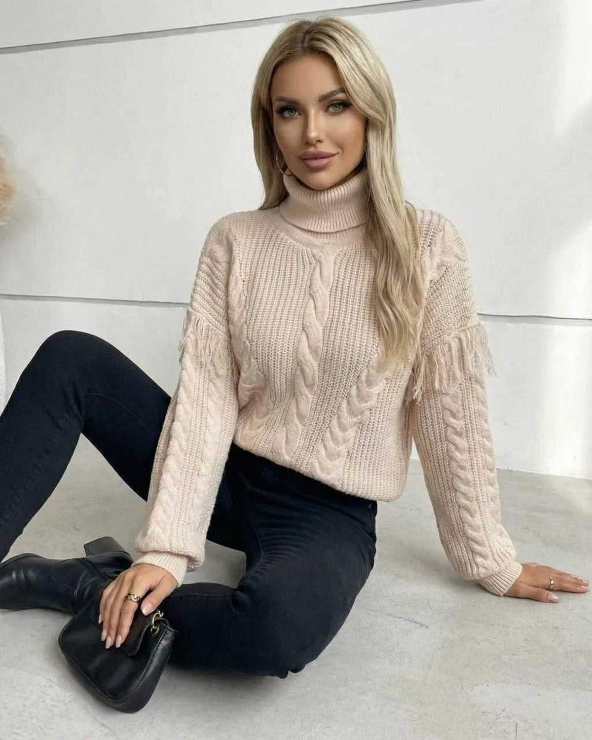 Vienna Sweater by Lauven – Women’s Beige Turtleneck Sweater with Cable Knit and Fringe Details