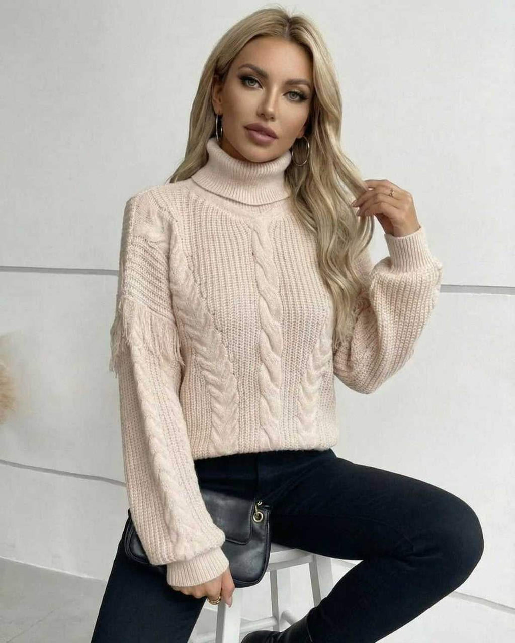 Vienna Sweater by Lauven - Women's Beige Turtleneck Cable Knit Sweater for Fall Winter