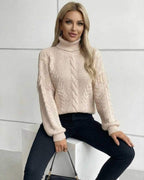 Vienna Sweater by Lauven - Women’s Beige Turtleneck Sweater with Cable Knit and Soft Fringe Details