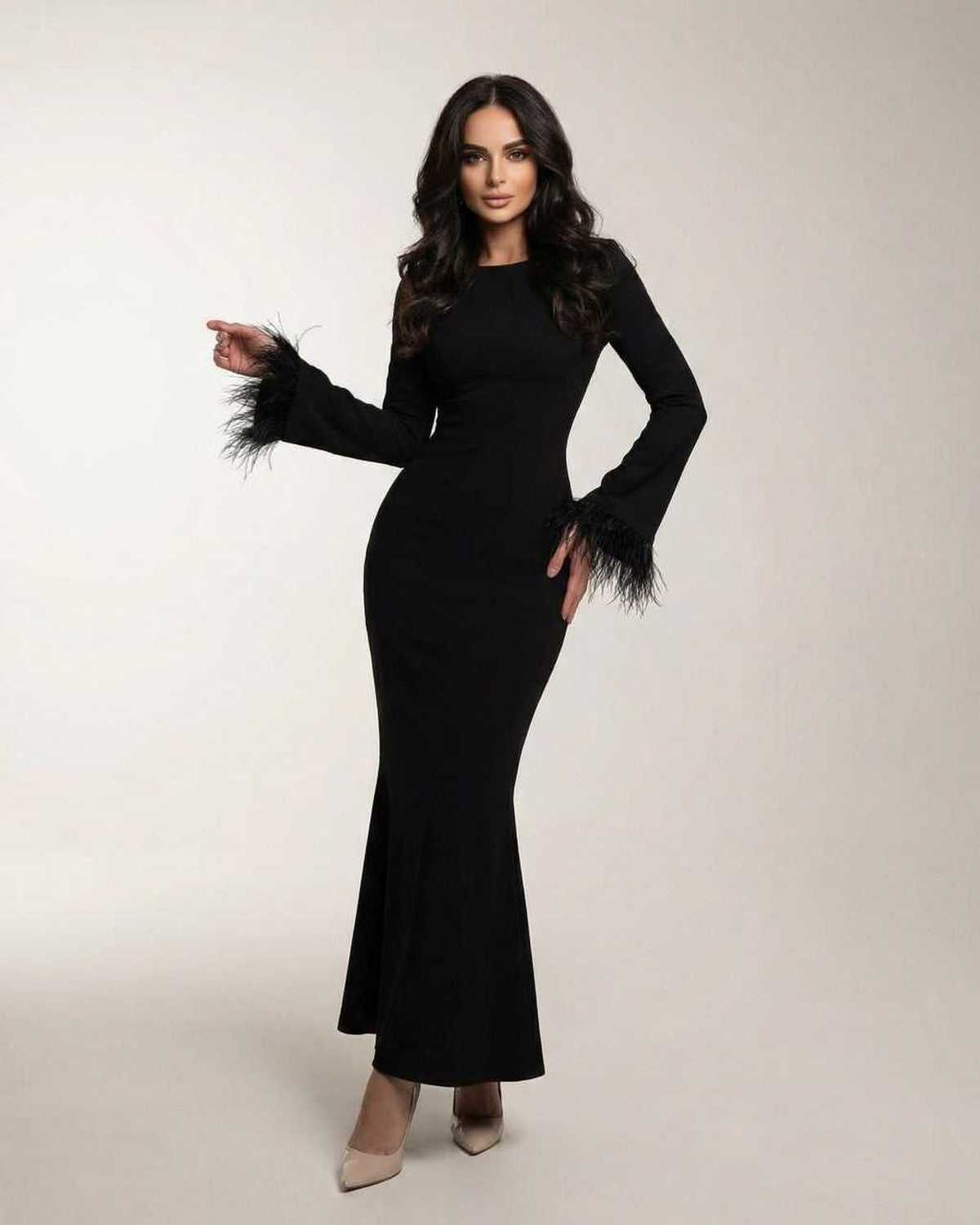 Valencia Maxi Dress by Lauven - Black long sleeve mermaid dress with feather cuff sleeves.