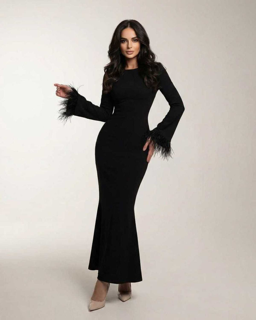 Valencia Maxi Dress by Lauven - Black long sleeve mermaid dress with feather cuff sleeves.