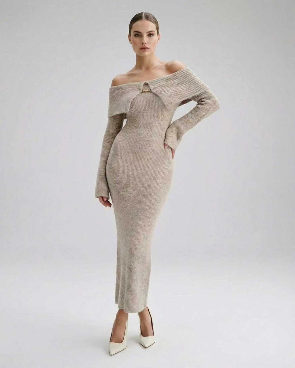 Sienna Midi Dress by Lauven - Women's Off Shoulder Knit Midi Dress showcasing elegance and sculpting silhouette.