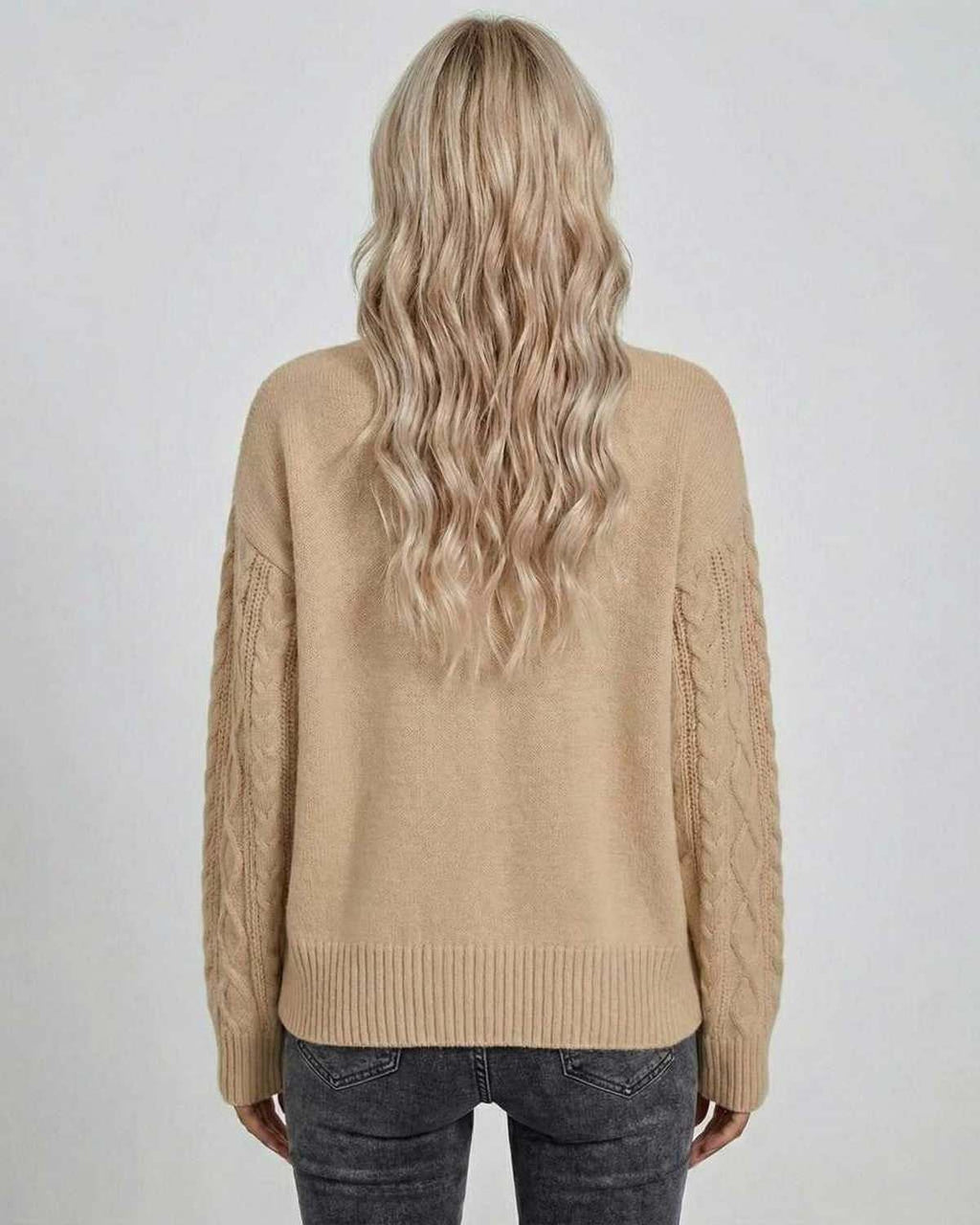 Sienna Sweater by Lauven - Women's cable knit sweater back view in neutral shade for casual style.