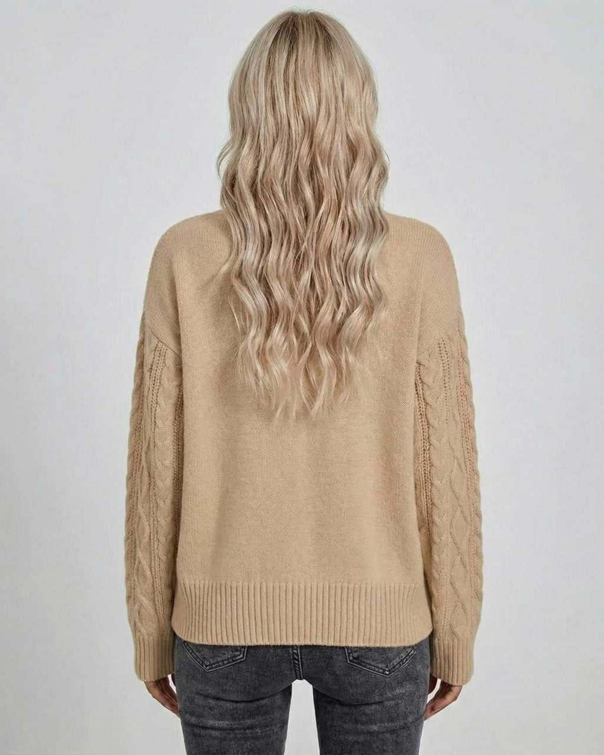 Sienna Sweater by Lauven - Women's cable knit sweater back view in neutral shade for casual style.