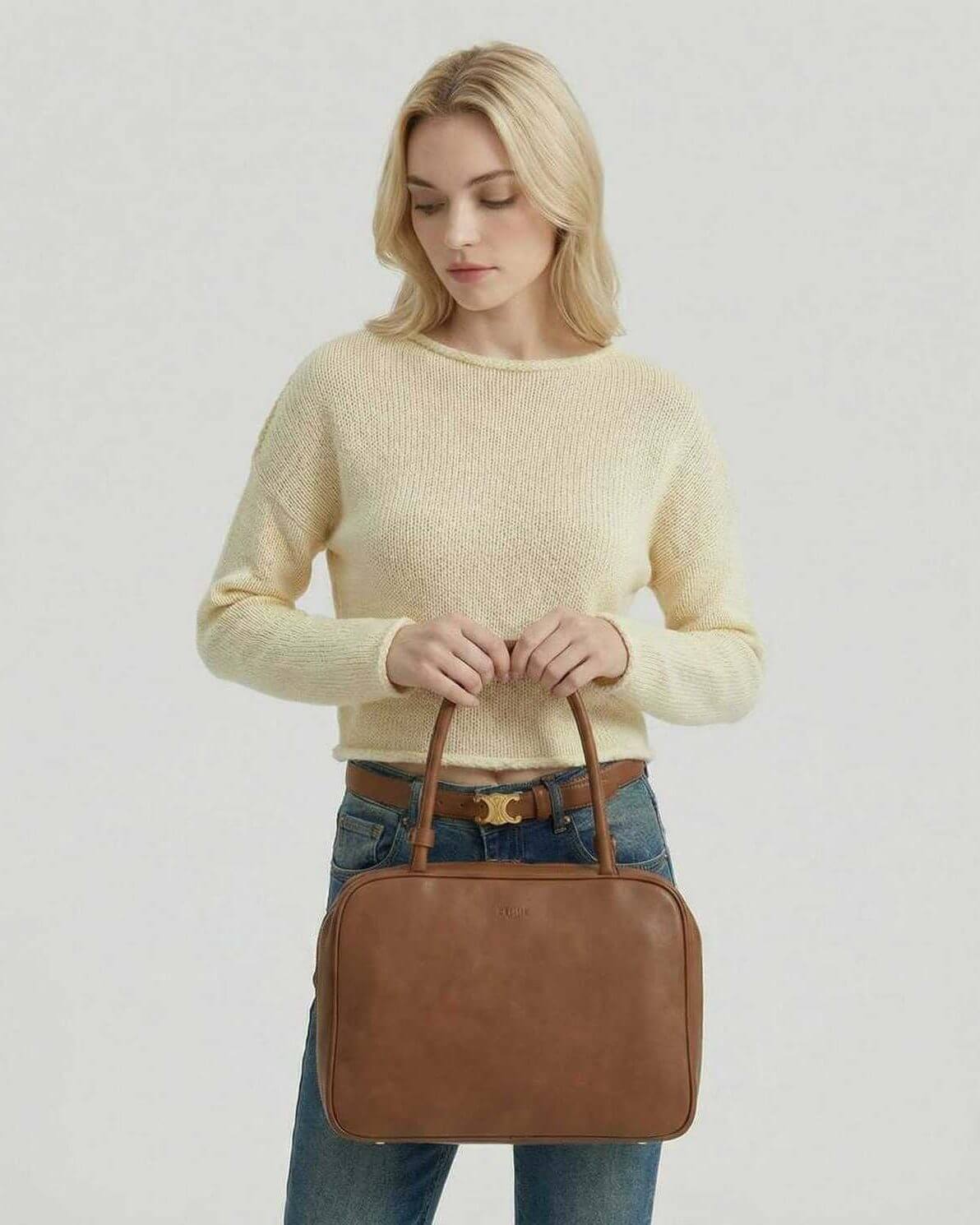 Siena Sweater by Lauven: Women's cream lightweight knit sweater paired with a stylish brown bag.