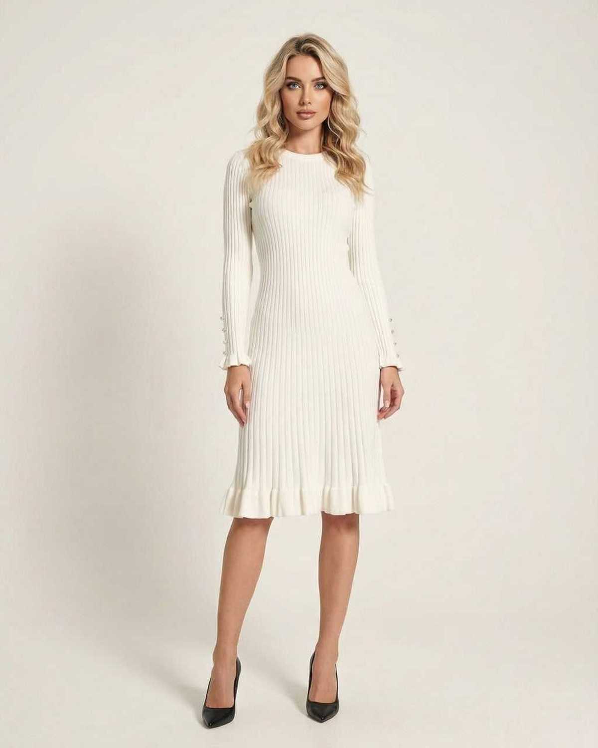 Sienna Midi Dress from Lauven - Elegant long sleeve bodycon midi dress with ruffle hem in white.