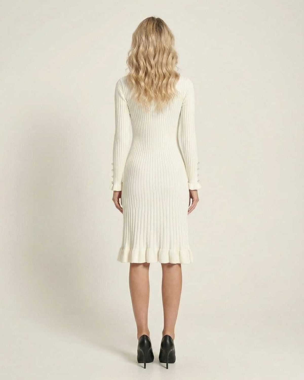 Sienna Midi Dress by Lauven - Elegant long sleeve bodycon dress with ruffle hem, showcasing a back view.