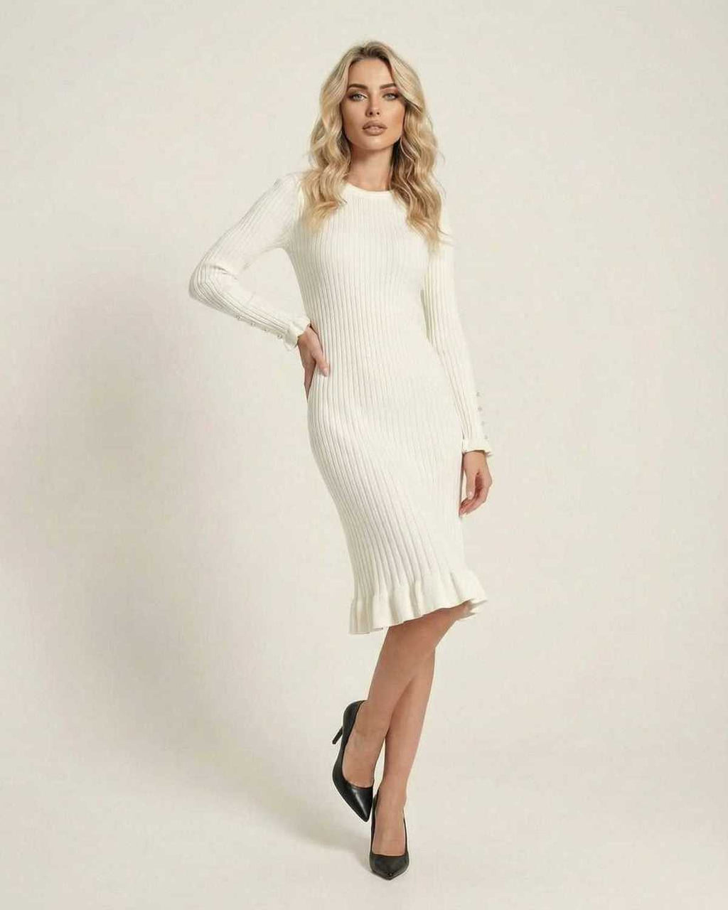 Sienna Midi Dress by Lauven - Elegant long sleeve bodycon midi dress with ruffle hem in creamy white.