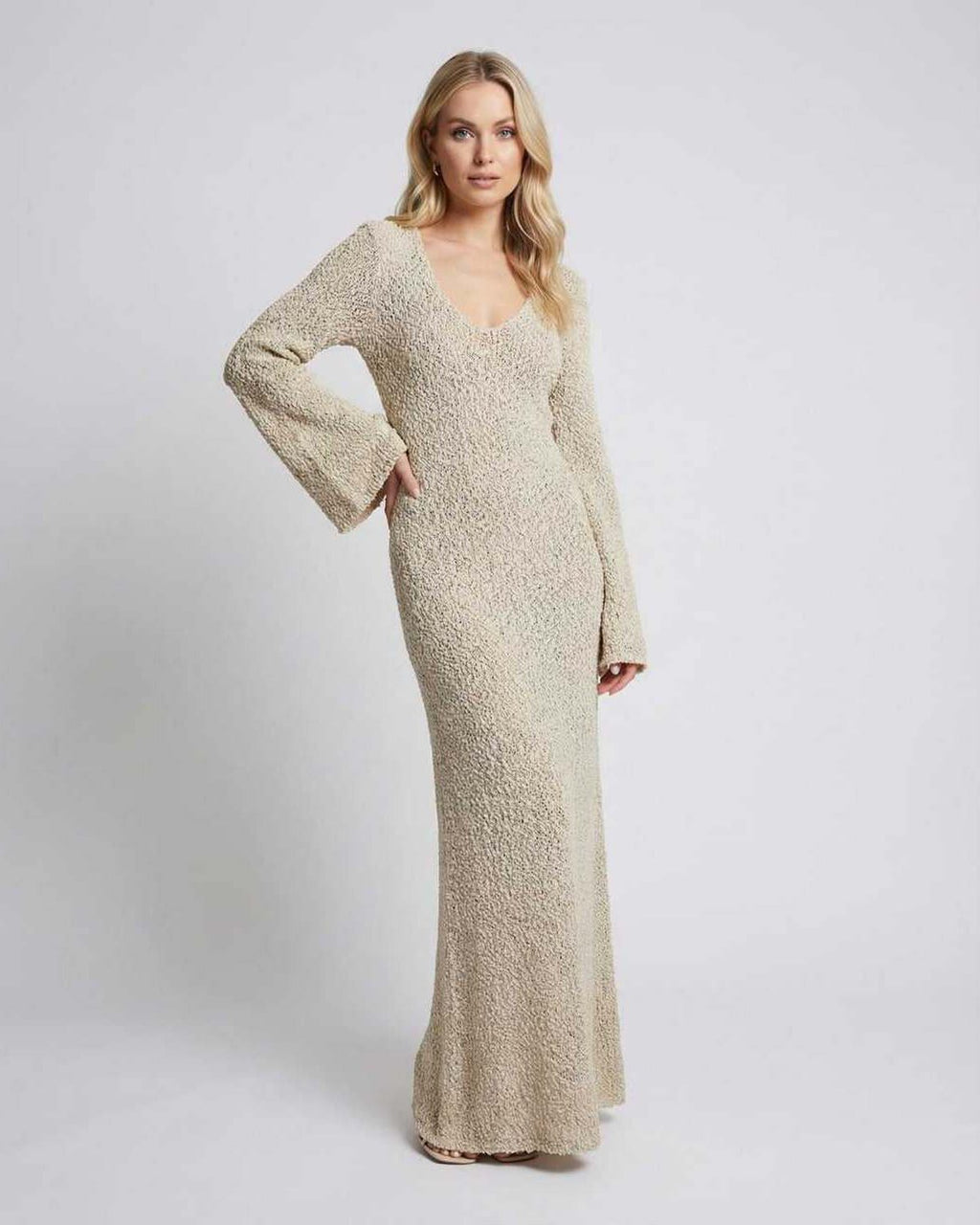Sienna Maxi Dress by Lauven - Beige long sleeve maxi sweater dress with flare sleeves