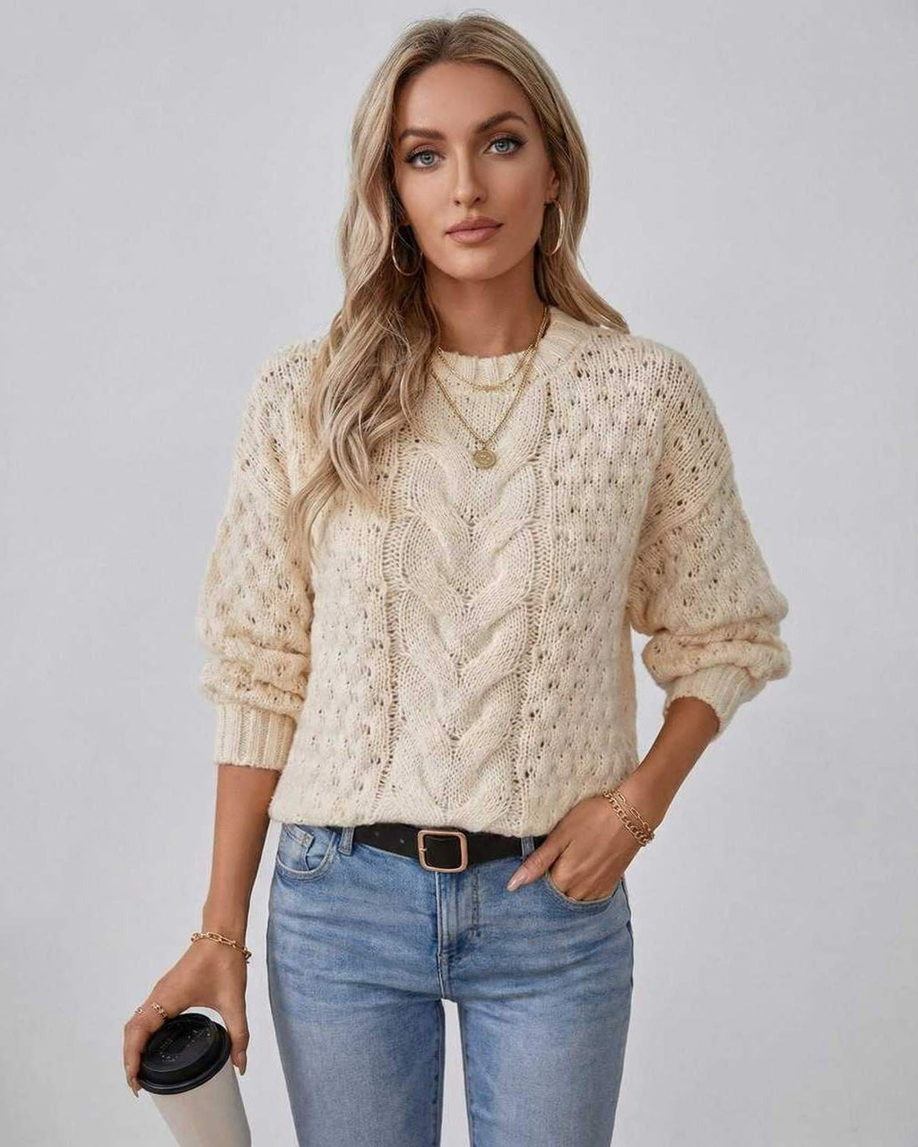 Arden Sweater by Lauven – Women’s cream cable knit long sleeve pullover.