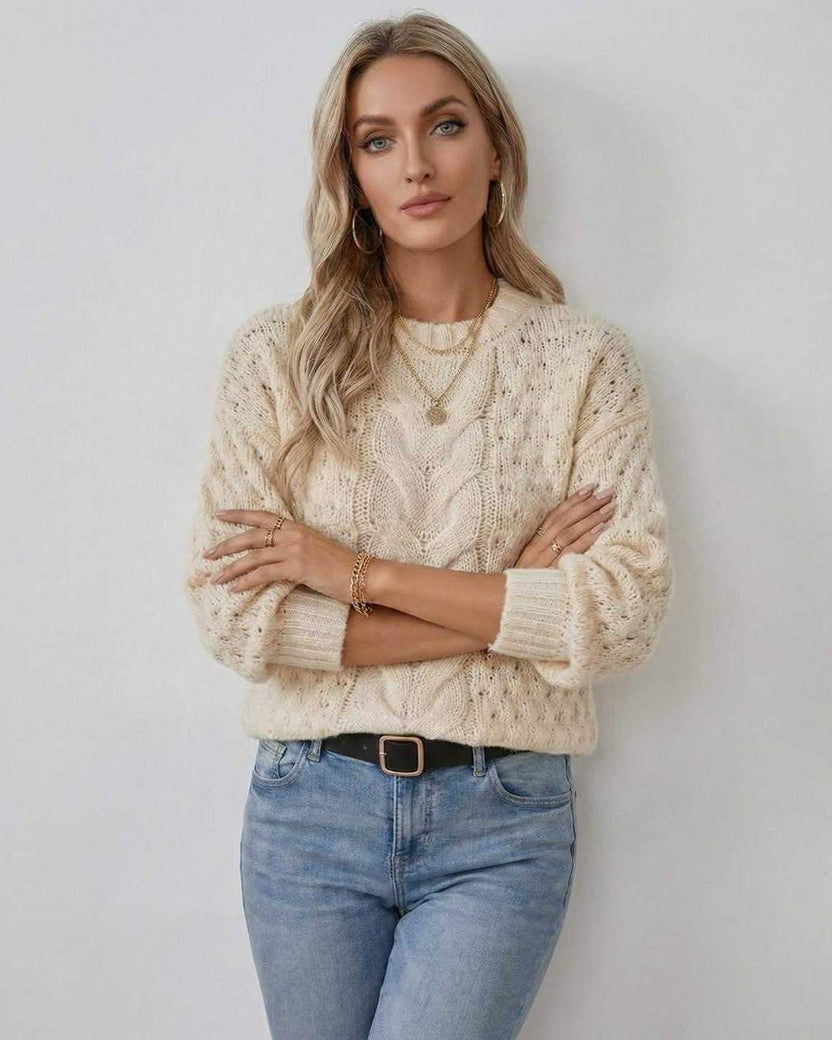 Arden Sweater by Lauven – Cream cable knit women’s pullover, O-neck long sleeve style, perfect for Autumn/Winter.