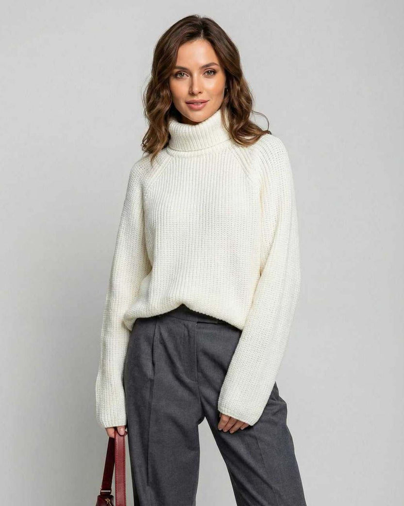 Aspen Sweater by Lauven, women’s cream turtleneck sweater, loose fit long sleeve knit for cold weather layering.