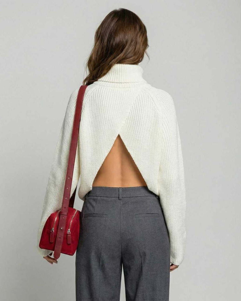 Aspen Sweater by Lauven – Women's cream turtleneck sweater with open back detail and loose fit.