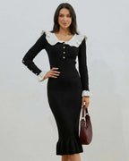 Valencia Midi Dress by Lauven - Black and White Ruffled Collar Long Sleeve Midi Dress showcasing elegance.