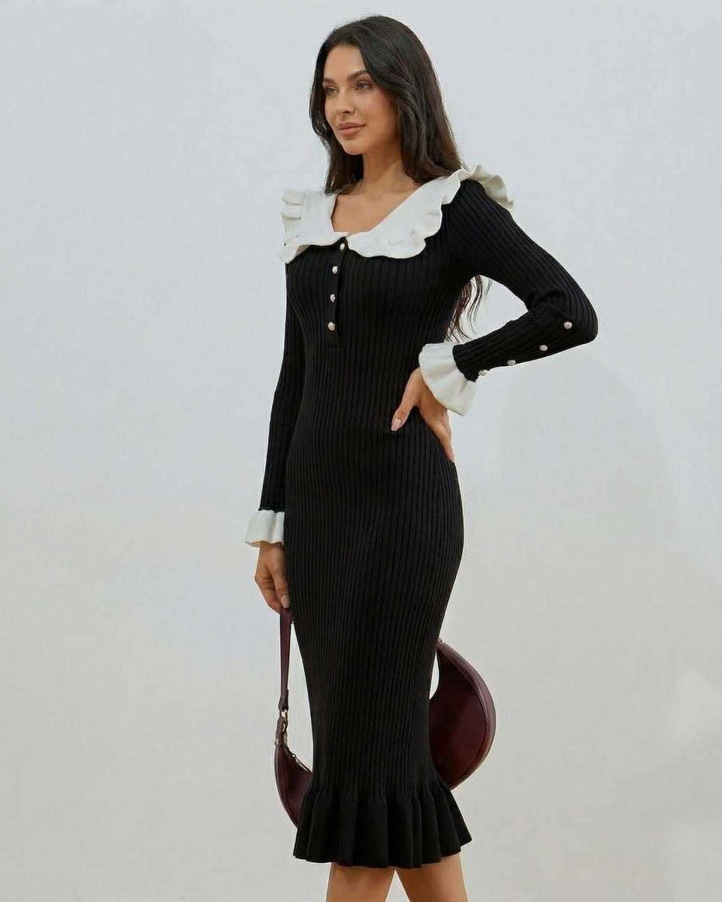 Valencia Midi Dress by Lauven – elegant black and white ruffled collar long sleeve midi dress
