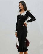 Valencia Midi Dress by Lauven – elegant black and white ruffled collar long sleeve midi dress