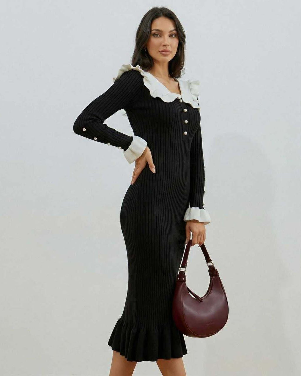 Valencia Midi Dress by Lauven featuring black and white ruffled collar and long sleeves, perfect for modern elegance.