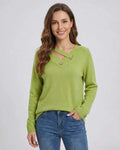 Verona Sweater by Lauven - Women's green V neck sweater with button detail, perfect for fall and winter.