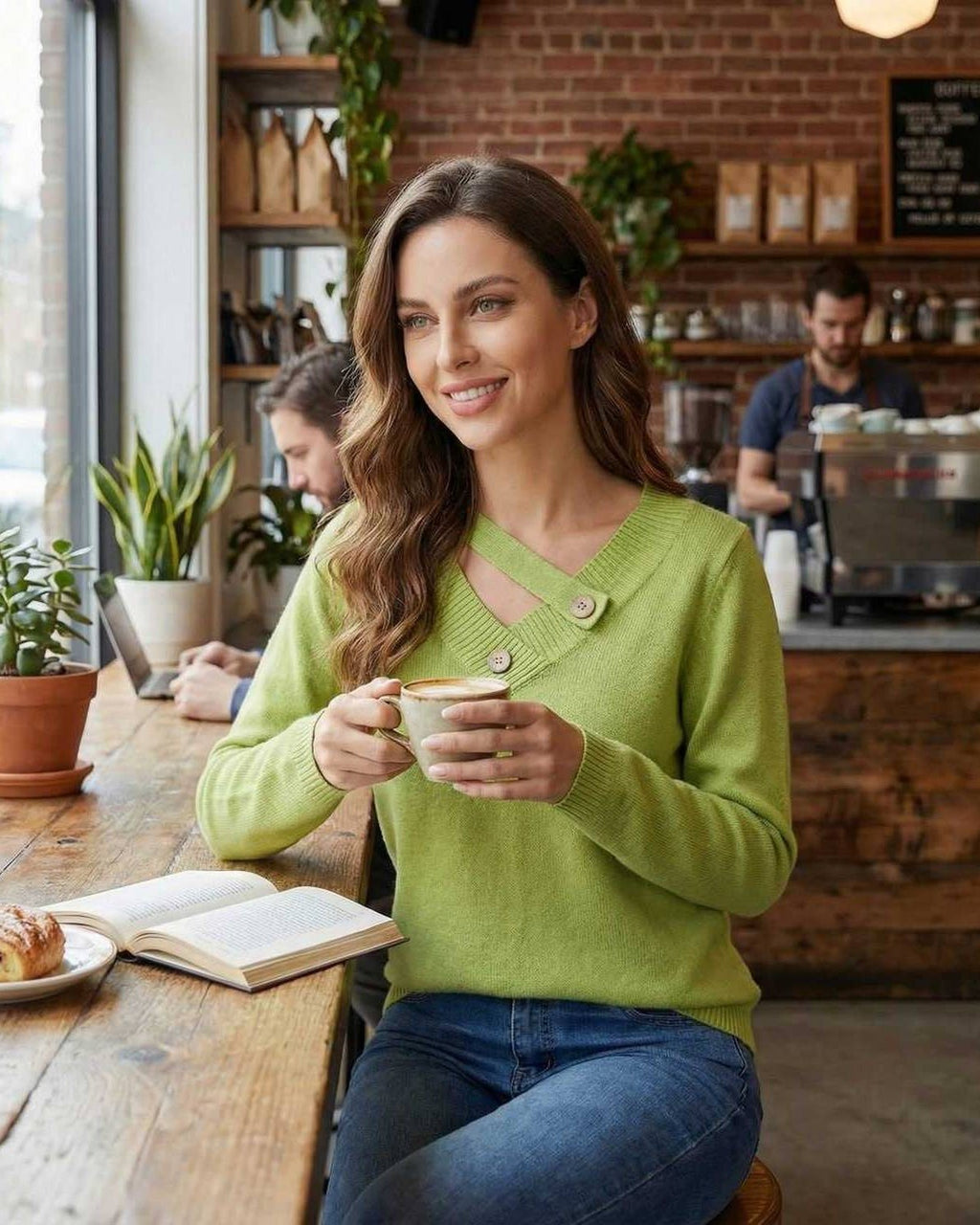 Verona Sweater by Lauven – Women’s green V neck sweater with button detail, perfect for modern elegance.