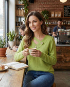 Verona Sweater by Lauven – Women’s green V neck sweater with button detail, perfect for modern elegance.