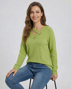 Verona Sweater by Lauven - Women’s Green V Neck Sweater with Button Detail for fall and winter elegance.