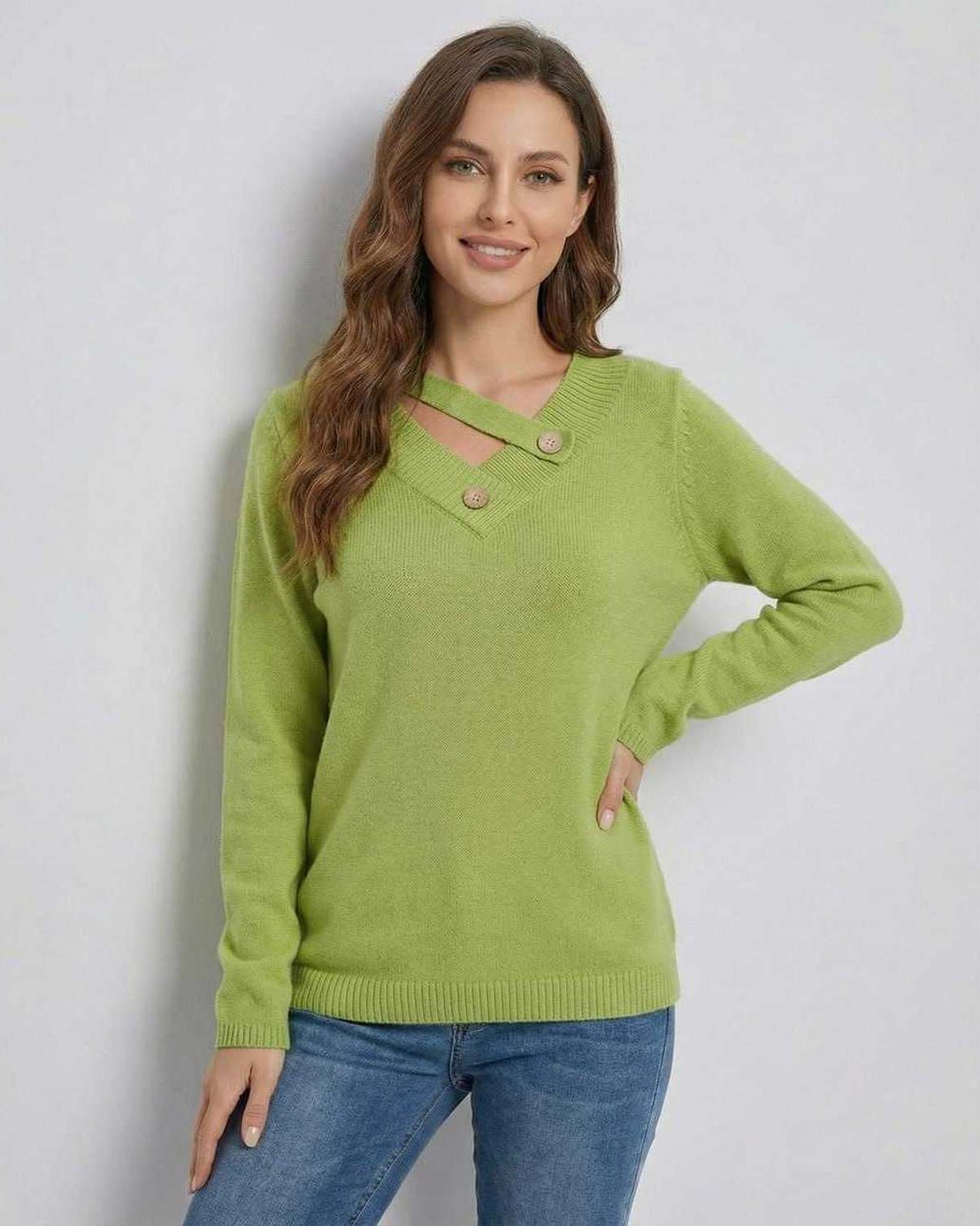 Verona Sweater by Lauven - Women’s green V neck sweater with button detail for effortless elegance.