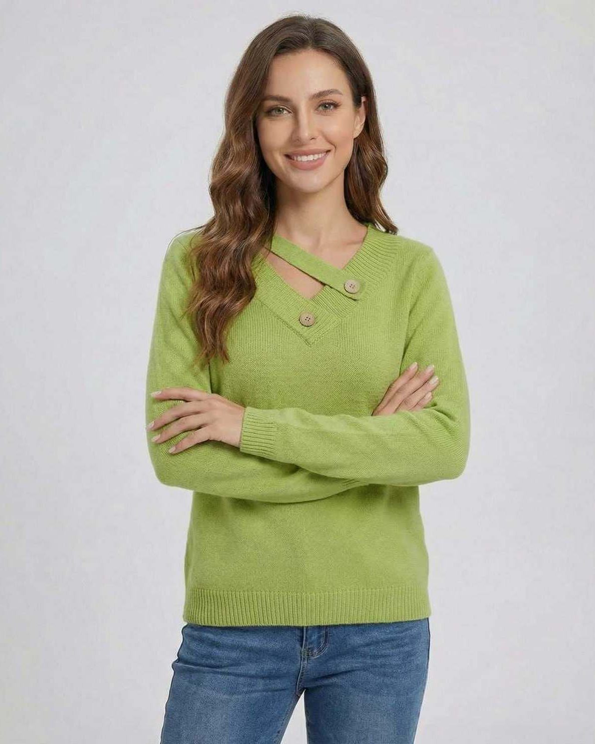 Verona Sweater by Lauven – Women’s green V neck sweater with button detail for versatile style.