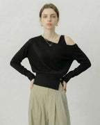 Monaco Pullover by Lauven – Black off shoulder pullover with asymmetric knit detail, stylish and modern silhouette.