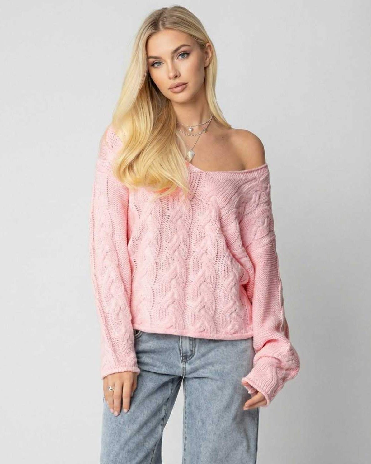 Sienna Sweater by Lauven - Women’s Pink V-Neck Sweater with Long Sleeve Rib Knit Detail in a loose fit.