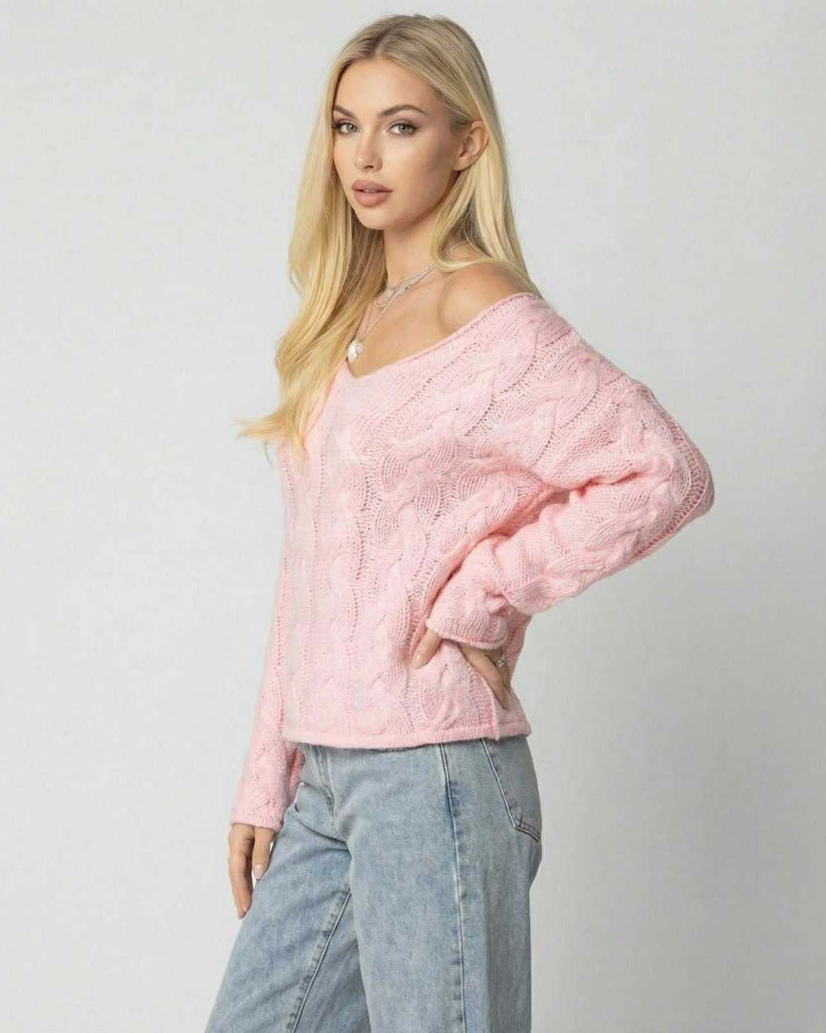 Sienna Sweater by Lauven – Women’s pink V-neck sweater with long sleeves and cable-knit detail.
