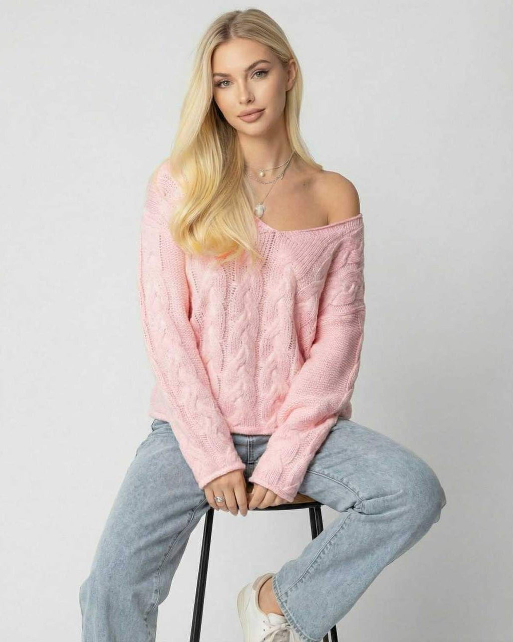 Sienna Sweater by Lauven - Women's Pink V-Neck Sweater with Rib Knit Detail and Long Sleeves