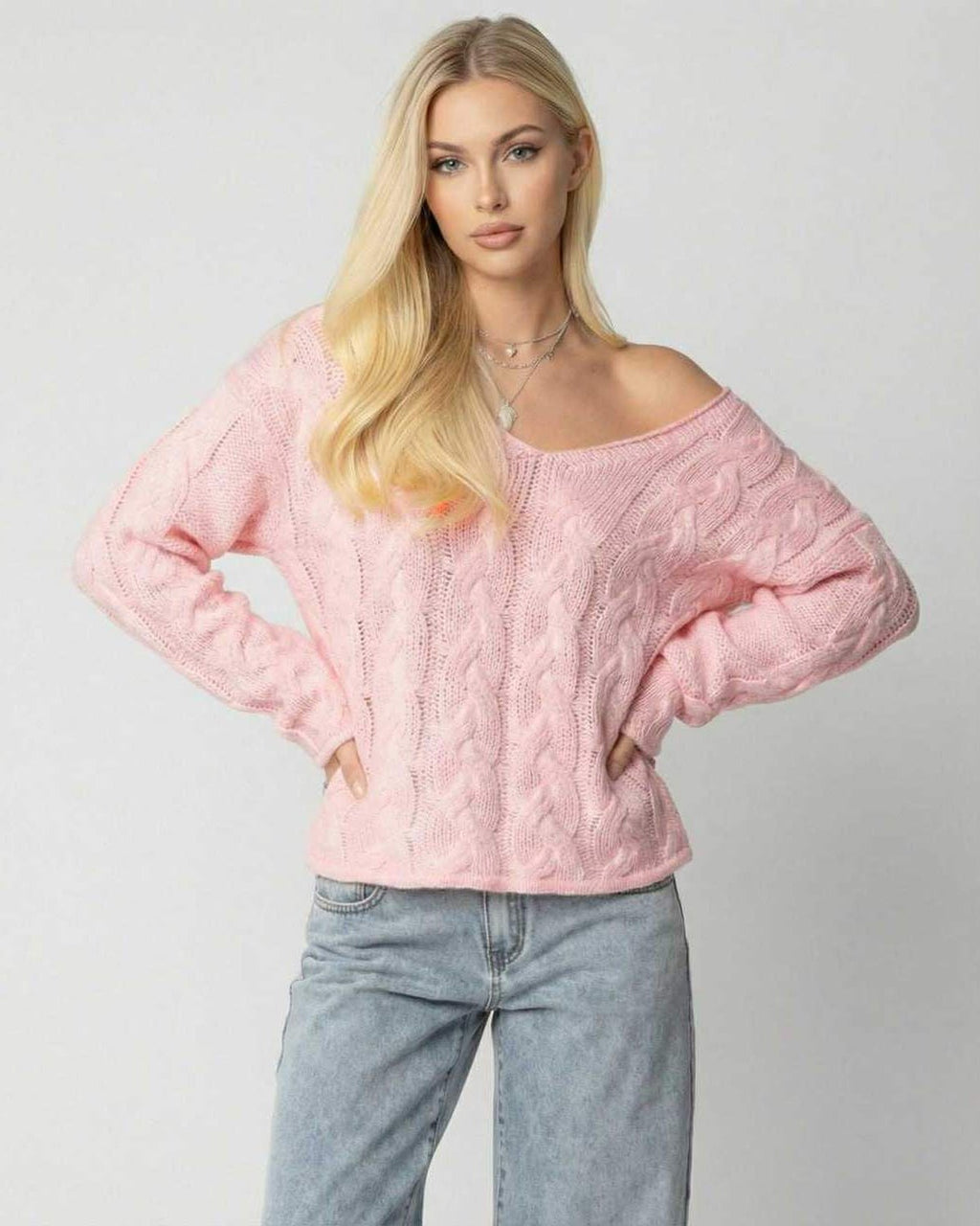 Sienna Sweater by Lauven – Women’s Pink V-Neck Long Sleeve Sweater with Cable Knit Detail