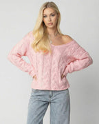 Sienna Sweater by Lauven – Women’s Pink V-Neck Long Sleeve Sweater with Cable Knit Detail