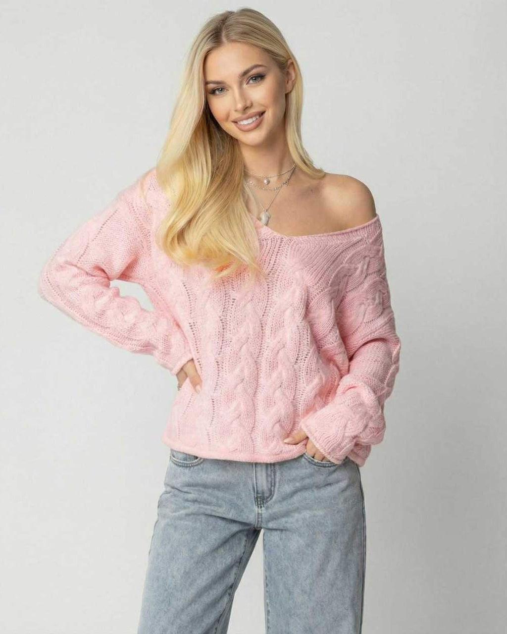 Sienna Sweater by Lauven - Women's pink V-neck sweater with a cable knit design and relaxed fit.
