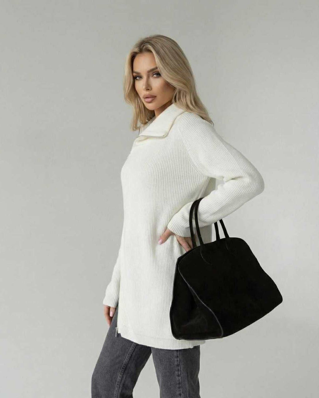 Aspen Sweater - Women’s White Turtleneck Sweater by Lauven, featuring a loose fit and long sleeves.