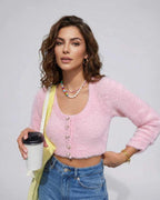 Valencia Cardigan by Lauven, women’s pink cropped cardigan sweater in soft knit, featuring a button front and long sleeves.