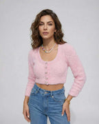Valencia Cardigan by Lauven – Women’s pink cropped cardigan sweater with long sleeves and button front.