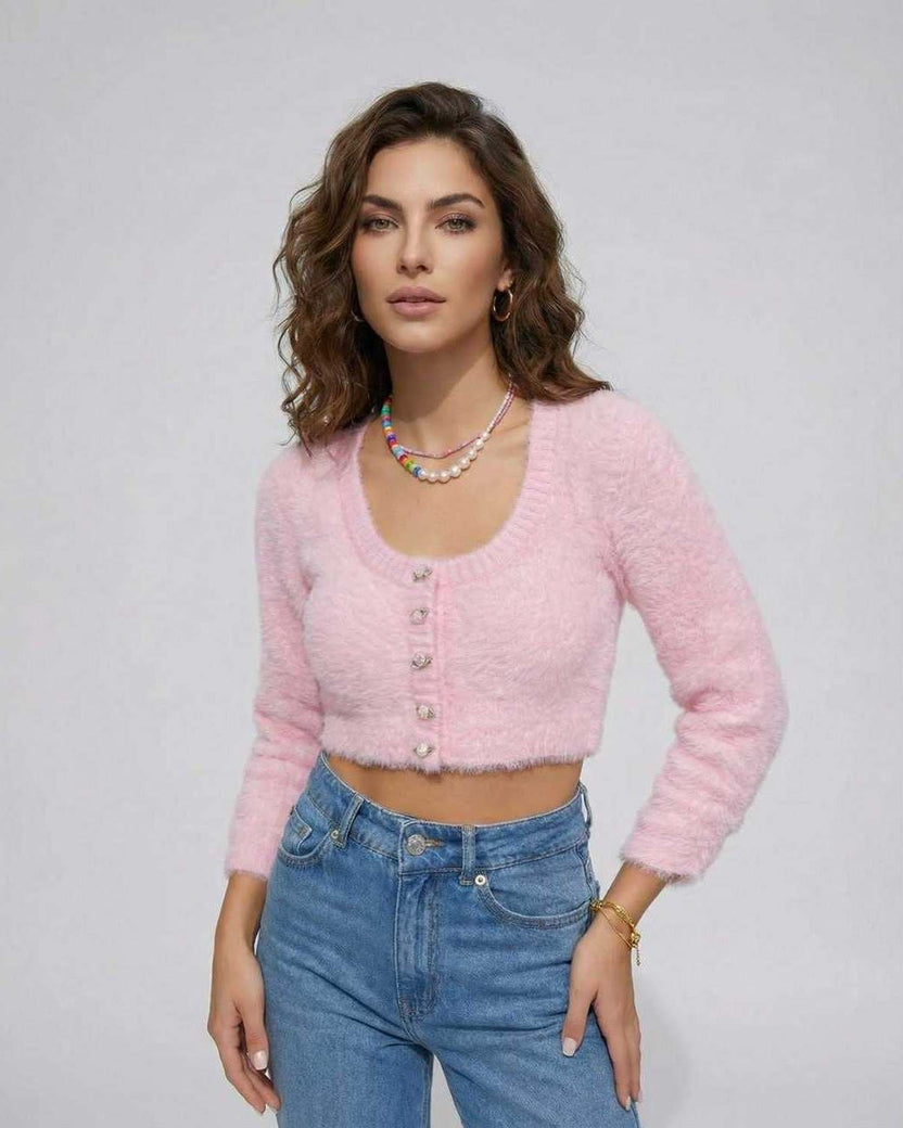 Valencia Cardigan by Lauven – Women’s pink cropped cardigan sweater with long sleeves and button front.