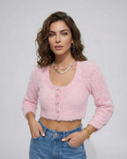 Valencia Cardigan - Women’s Pink Cropped Sweater by Lauven with plush texture and long sleeves.